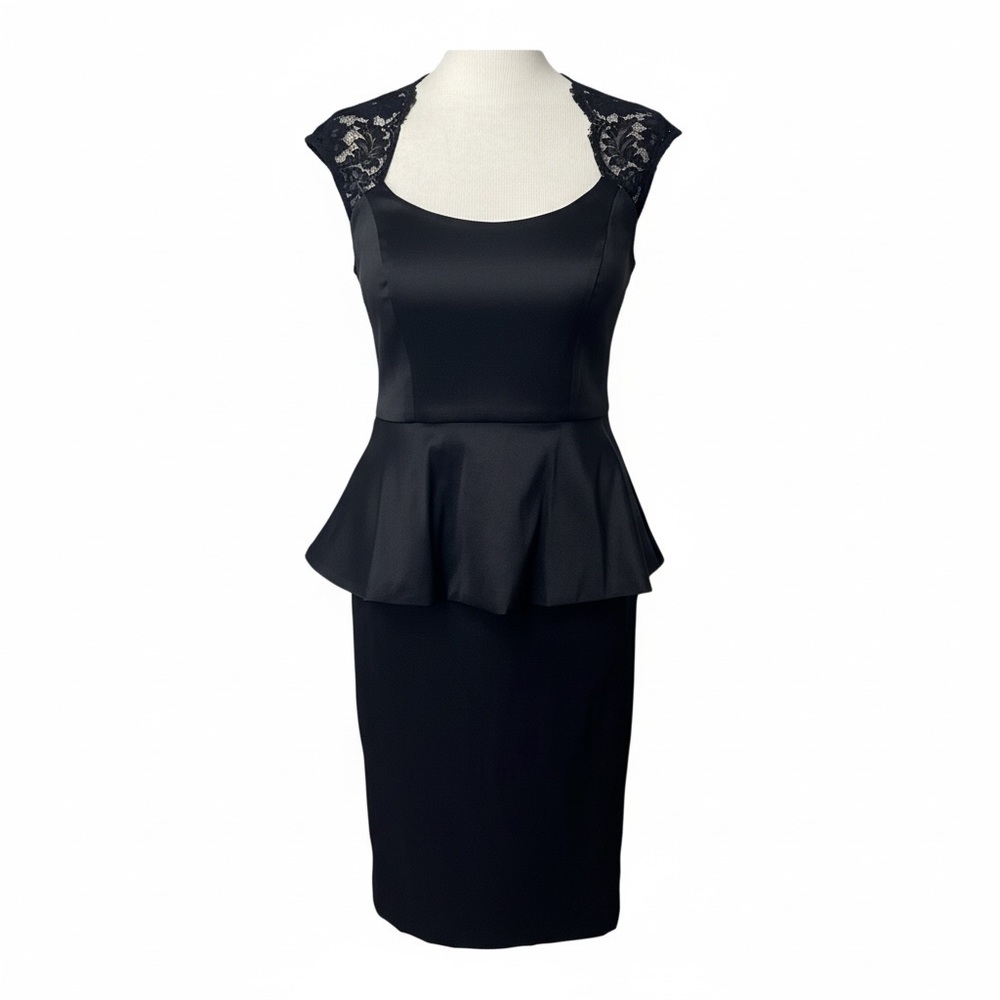 NWT Caché Black‎ LBD Sheath Lace Peplum Scoop Neck Evening Cocktail Dress  W 4